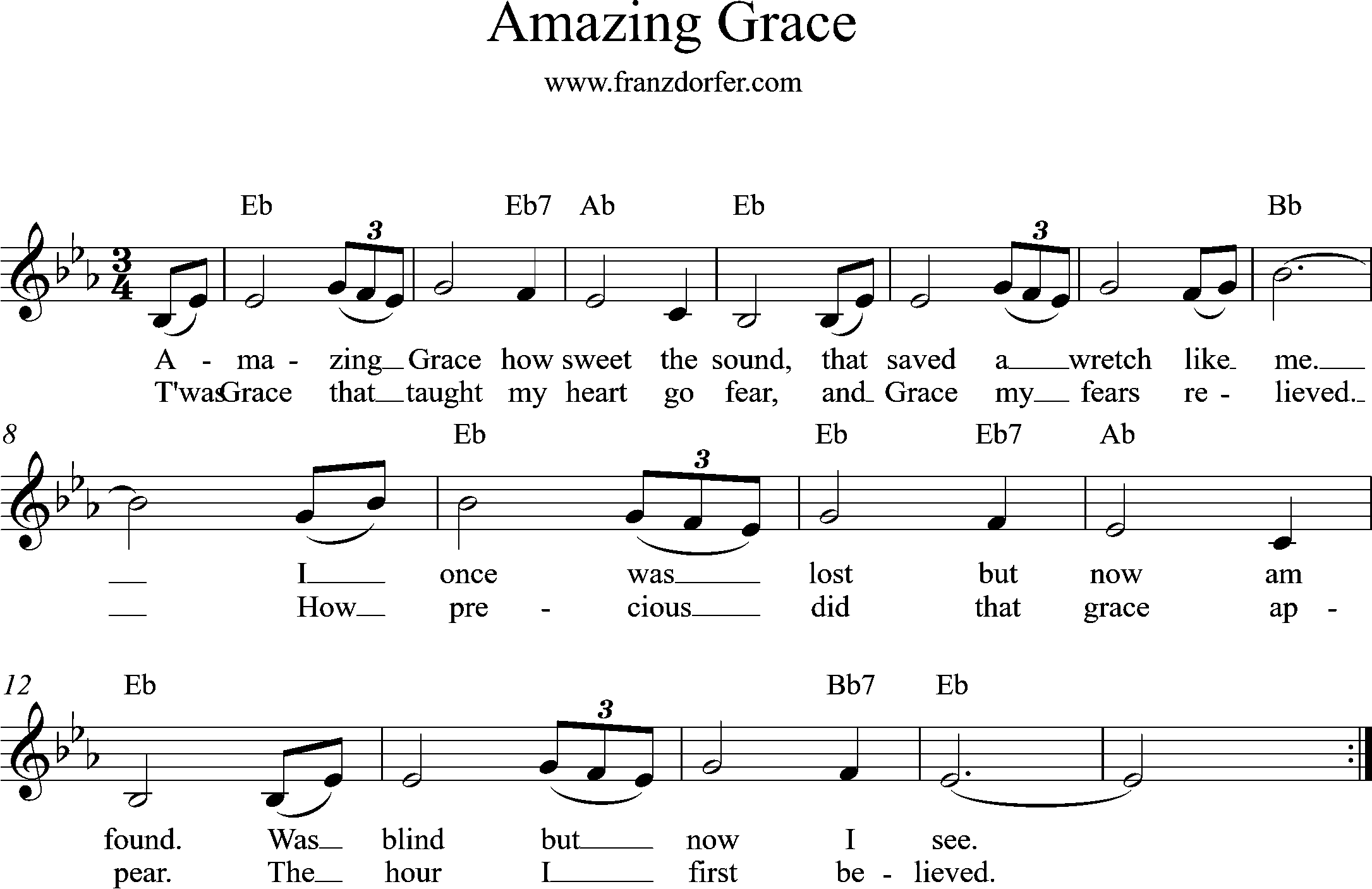 Trompetennoten- Eb-Dur- Amazing Grace